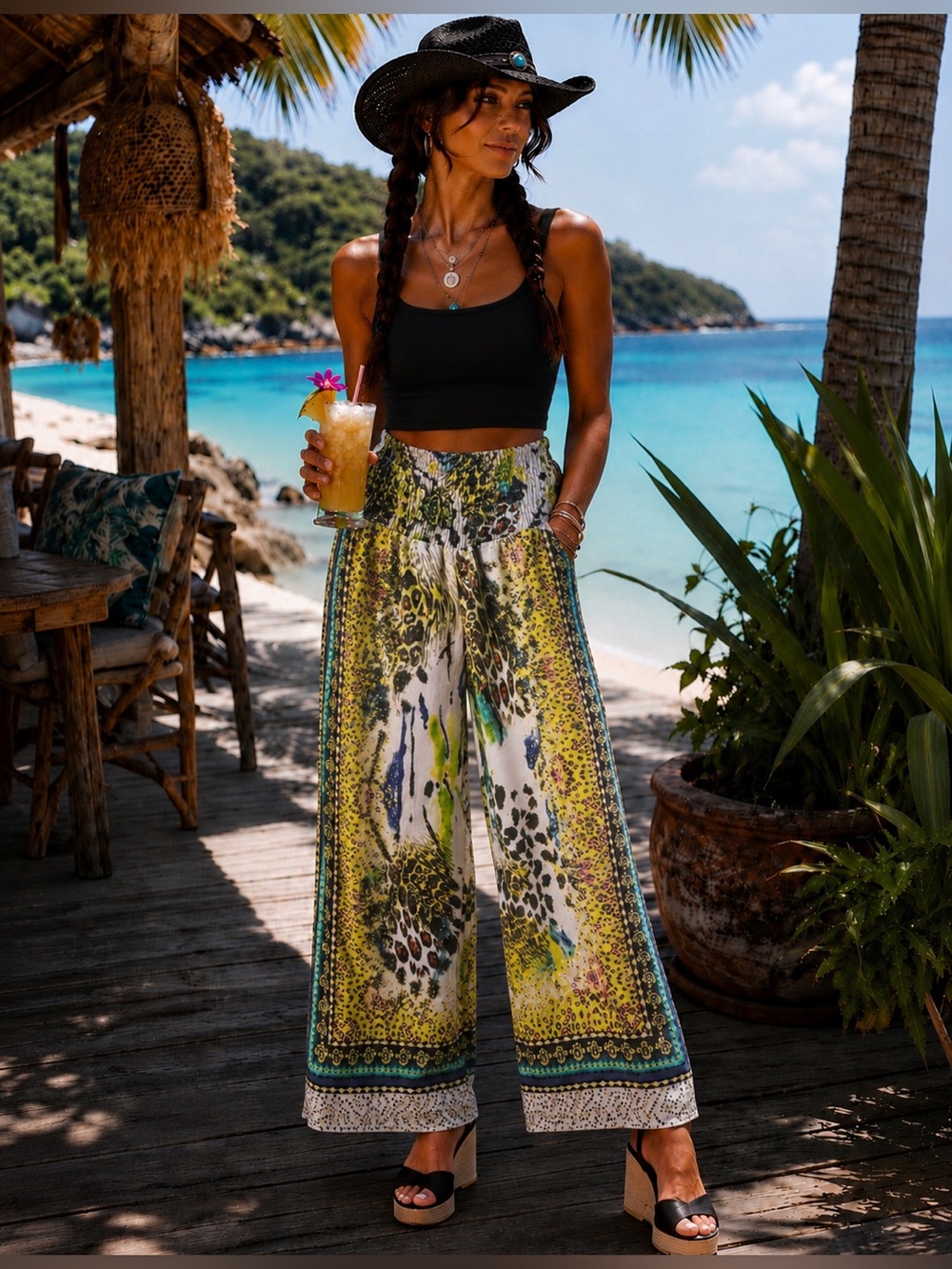 Ash & Sara Vibrant Electic Mixed Animal Print Strapless Smocked Wide Leg Pants